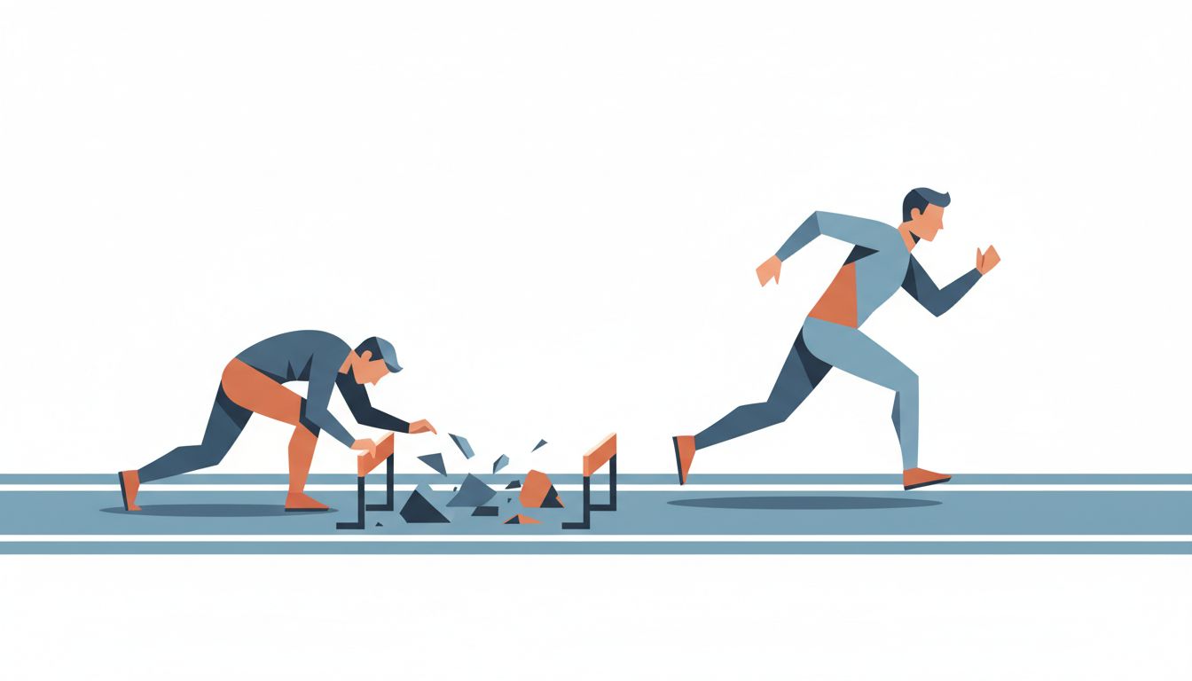 Illustration of a pioneer runner clearing obstacles while a follower runs on clear track behind them