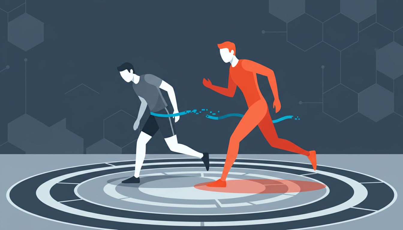 Illustration of two runners where the second runner appears stronger than the first at the finish line