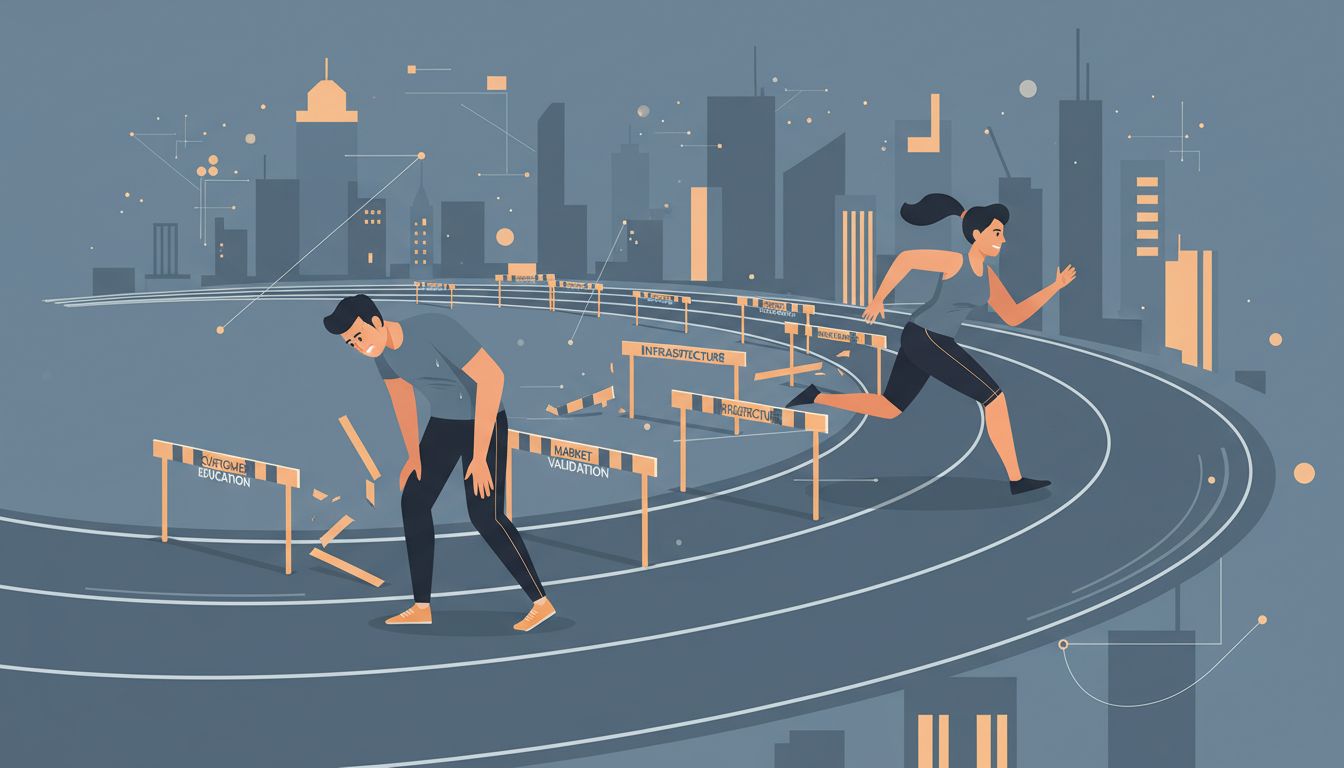 Illustration of a first runner exhausted after clearing obstacles while a second runner accelerates past on a clear track