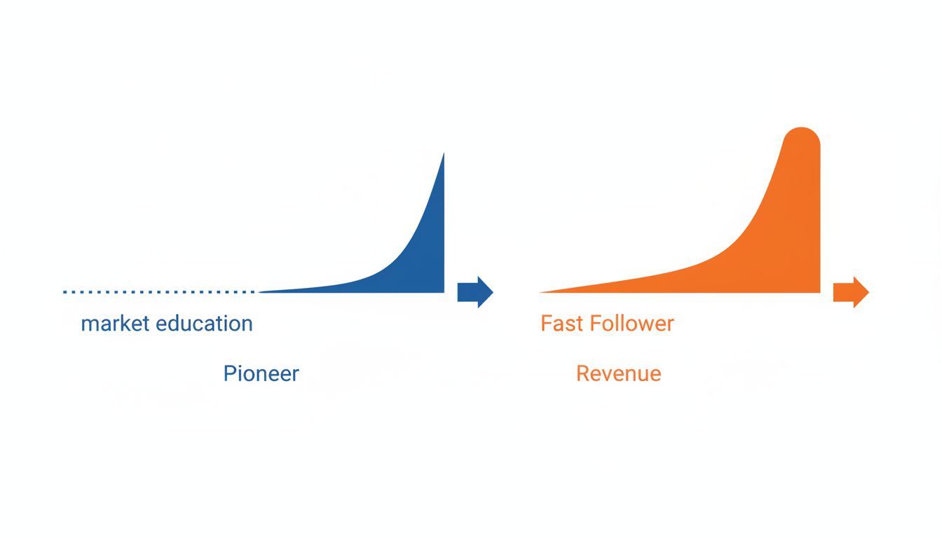 Timeline diagram comparing pioneer and fast follower revenue curves, showing the follower reaching profitability faster