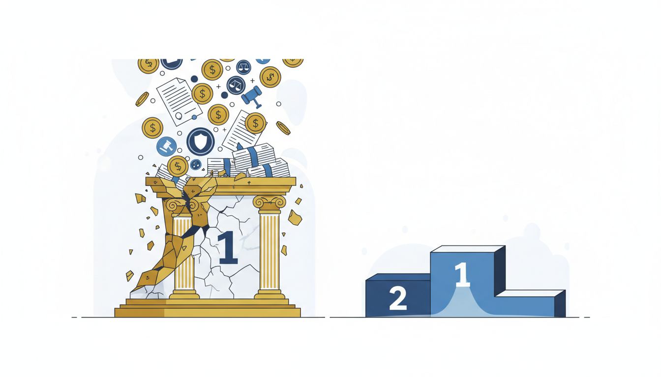 Illustration showing a heavy, cracking first-place podium weighed down by regulatory and cost burdens, beside a lighter, stable second-place podium