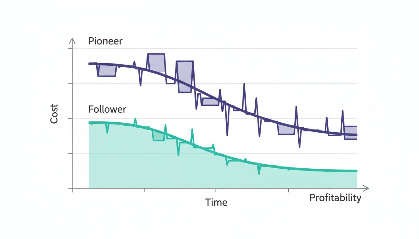 Graph showing pioneer R&D costs versus follower costs over time, with follower reaching profitability sooner