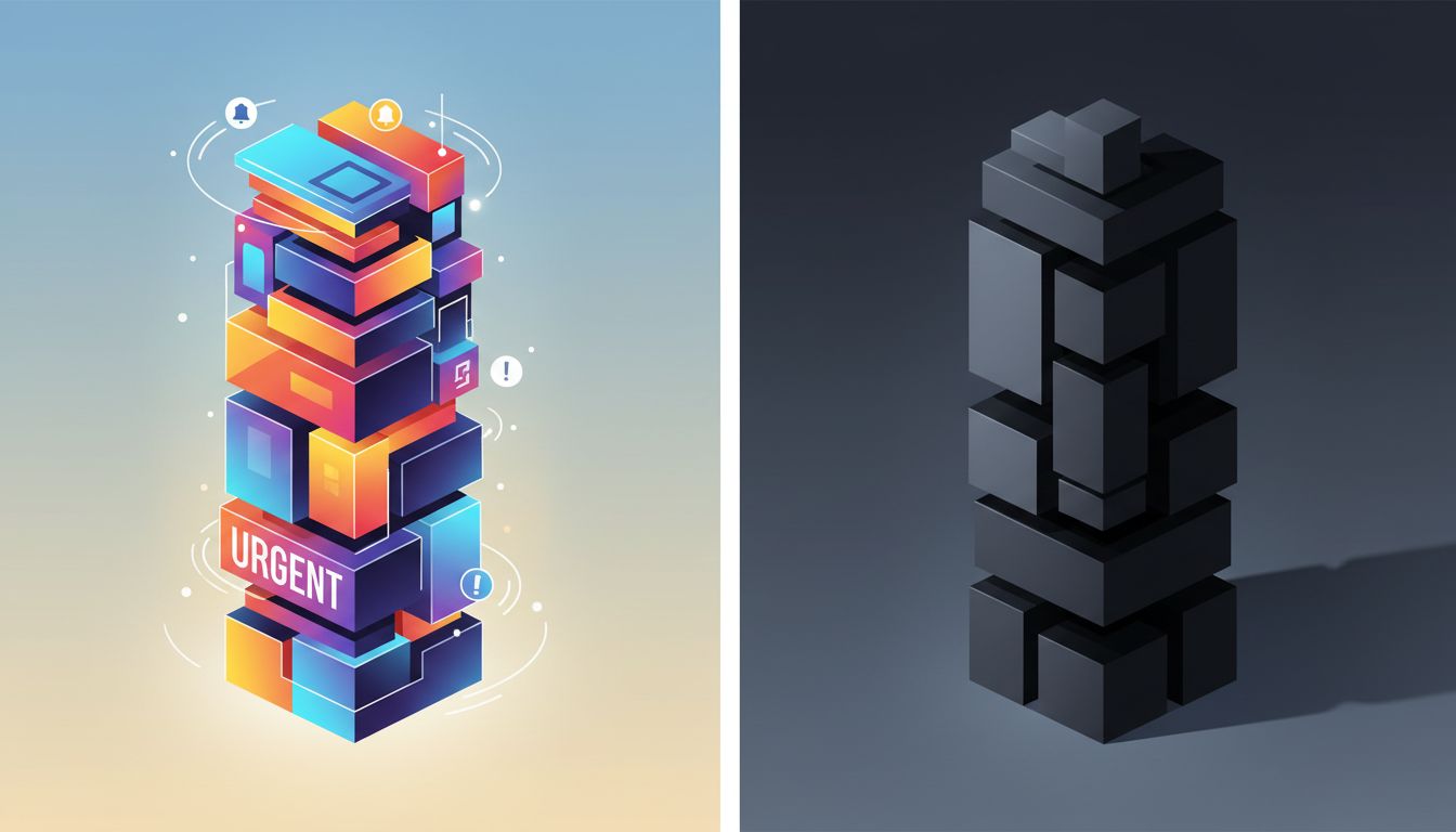 Illustration contrasting urgent tasks (bright, attention-grabbing) with important tasks (solid but overlooked)