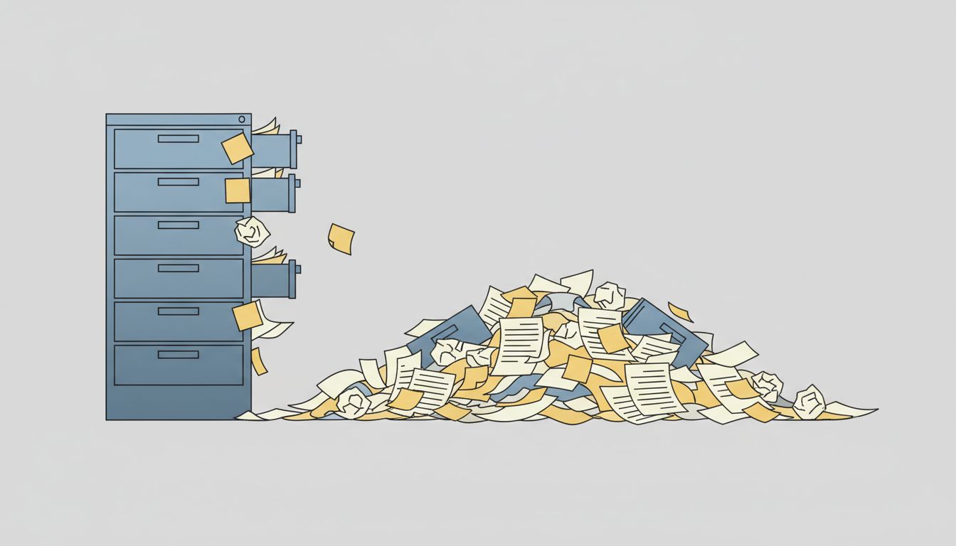 An orderly filing cabinet gradually dissolving into a chaotic pile of notes, illustrating system entropy