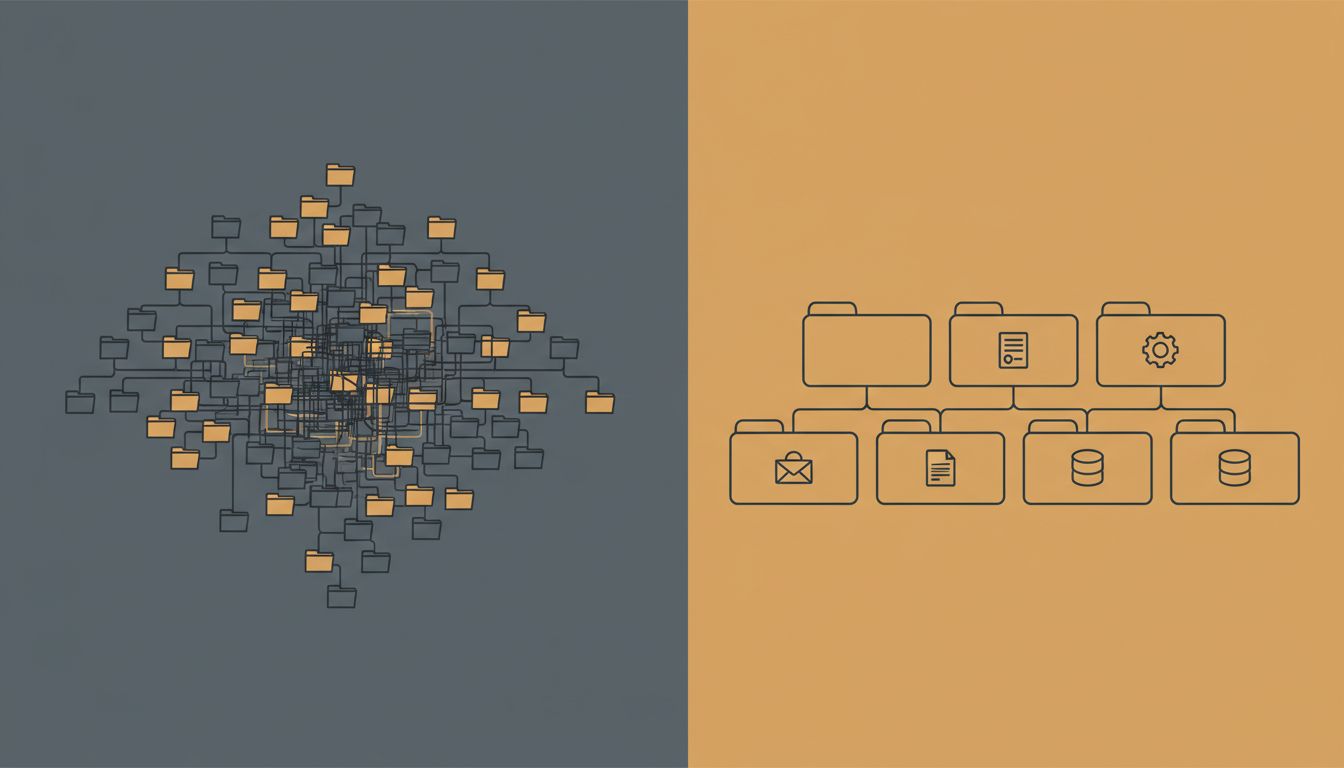 Two contrasting note organization diagrams: a complex nested folder tree versus a simple flat structure