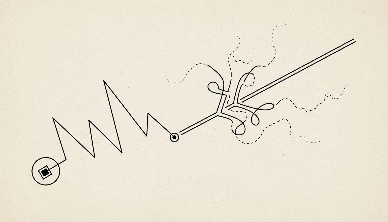 Two paths: the first winding but purposeful, the second starting confidently then splintering into confusion