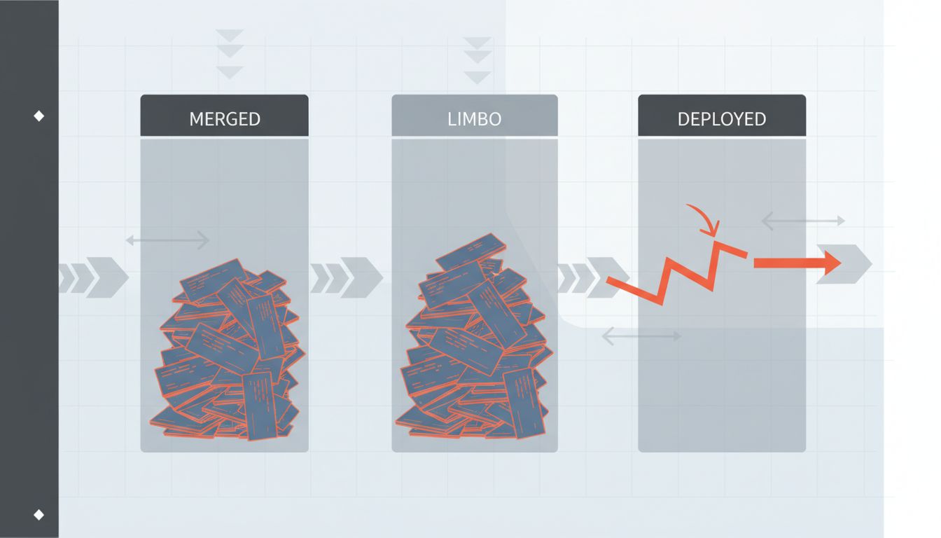 Pipeline diagram showing work stuck between merged and deployed states, illustrating invisible work in progress