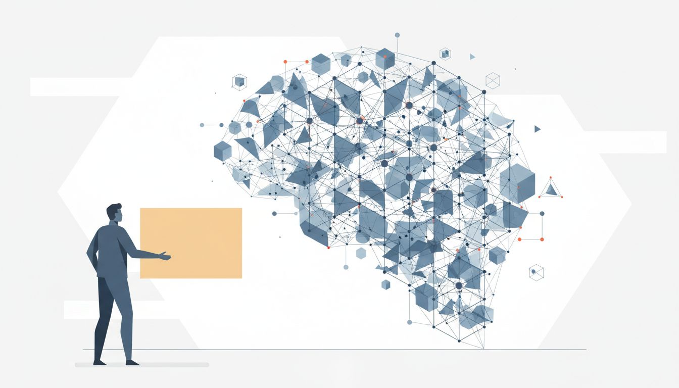 Abstract illustration of a high-dimensional vector space with a figure holding a blank sign, representing undefined purpose