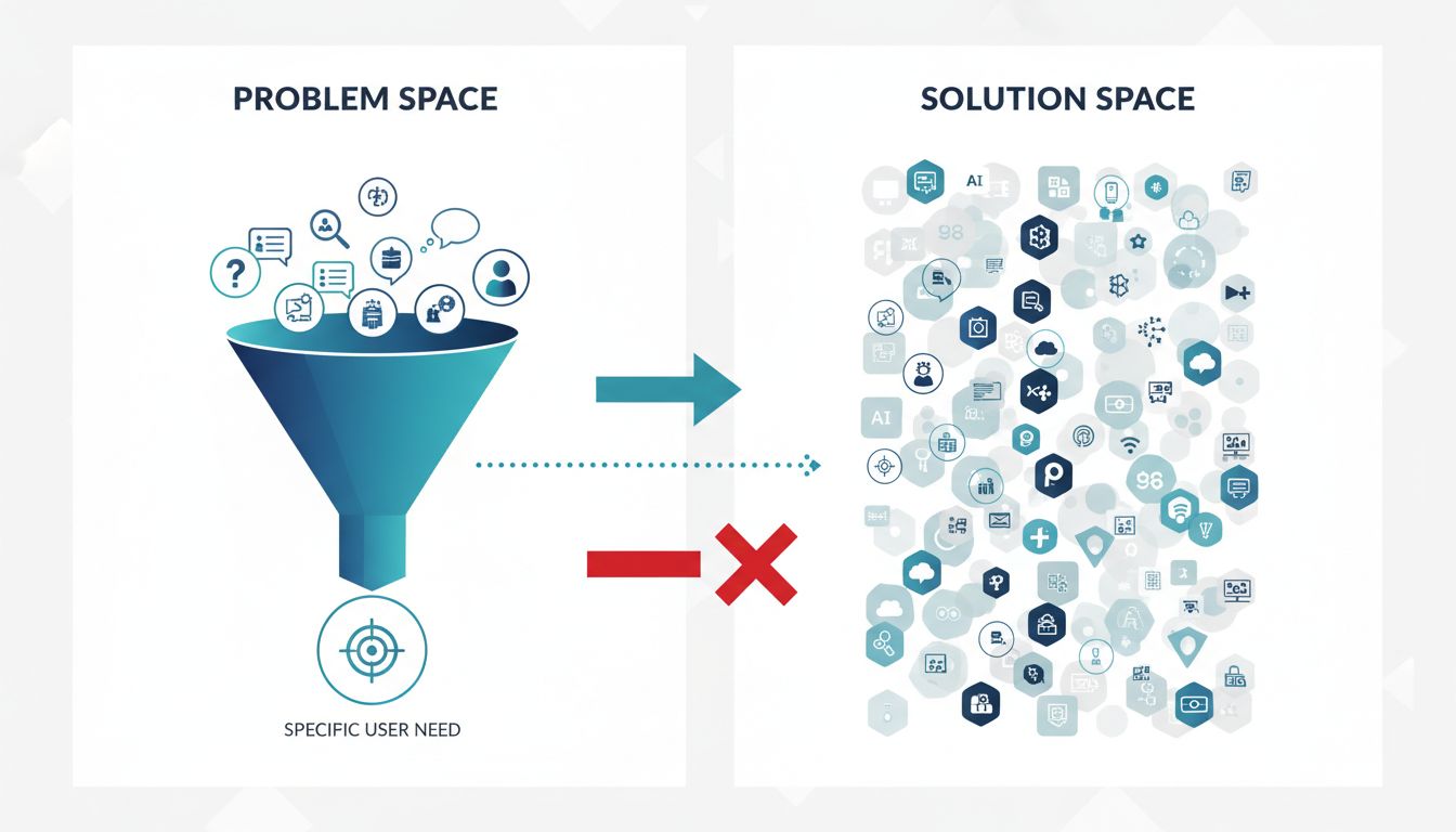 Diagram contrasting problem-first versus solution-first thinking in technology adoption