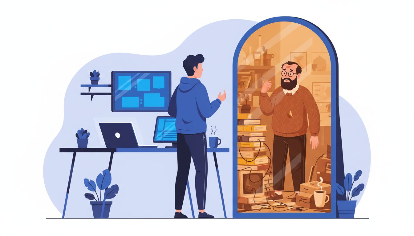 A developer looking in a mirror that reflects a very different kind of user back at them