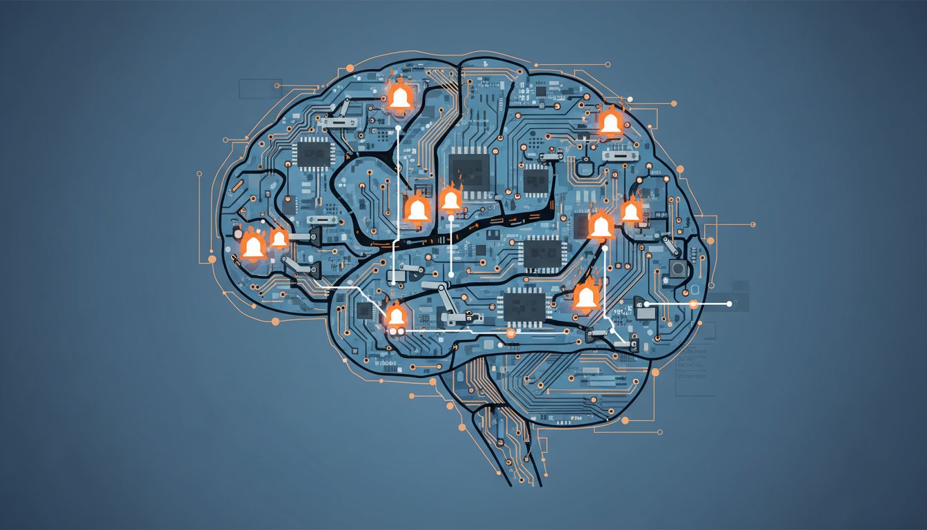 A brain rendered as a circuit board with notification symbols embedded in the circuitry