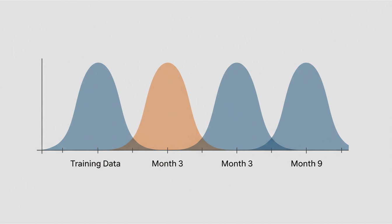 Three overlapping distribution curves showing how input data shifts over time relative to original training data