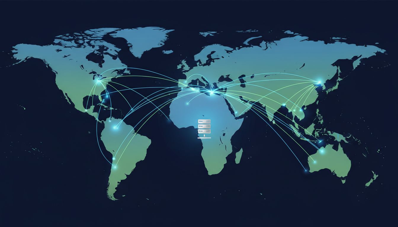 Stylized map of global network infrastructure showing the physical distances data travels between users and servers