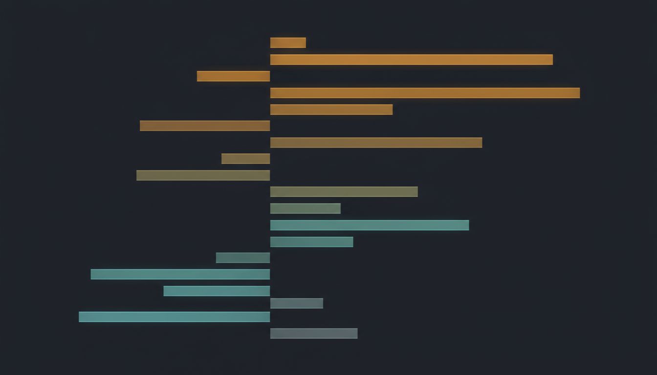 Abstract visualization of a browser network waterfall showing sequential resource loading and render-blocking dependencies