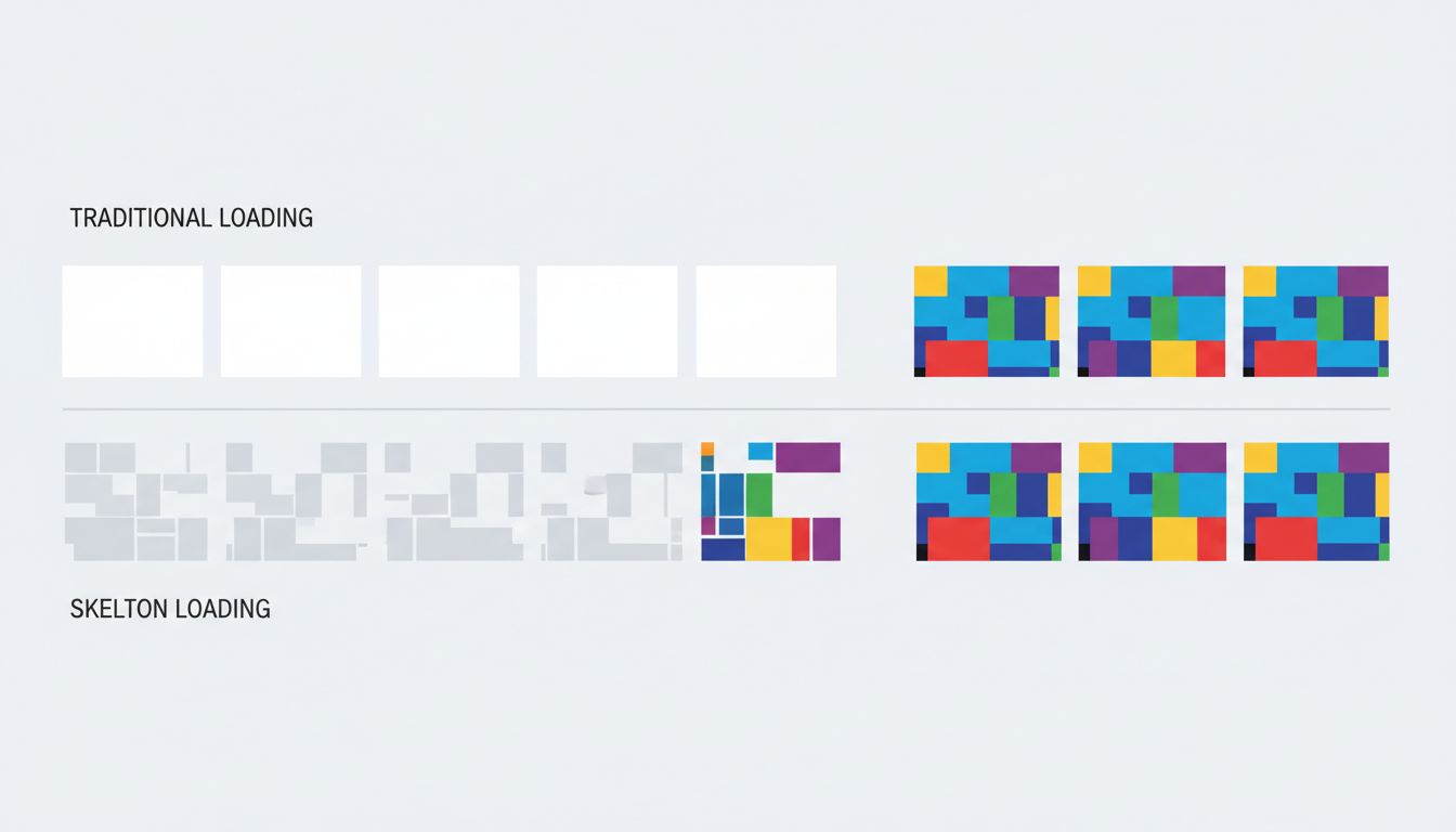Diagram comparing blank loading state versus skeleton screen loading state over identical time periods