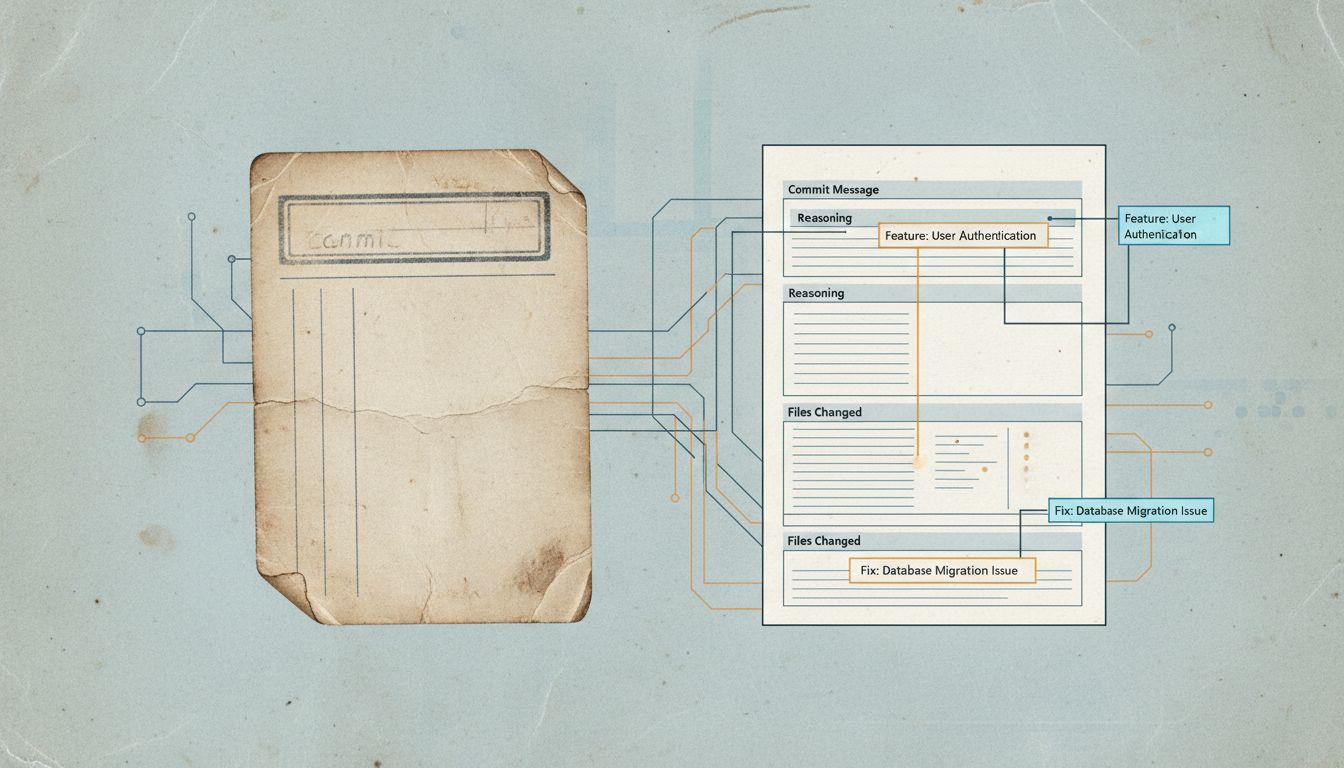 Two contrasting commit messages, one sparse and uninformative, one detailed and contextual