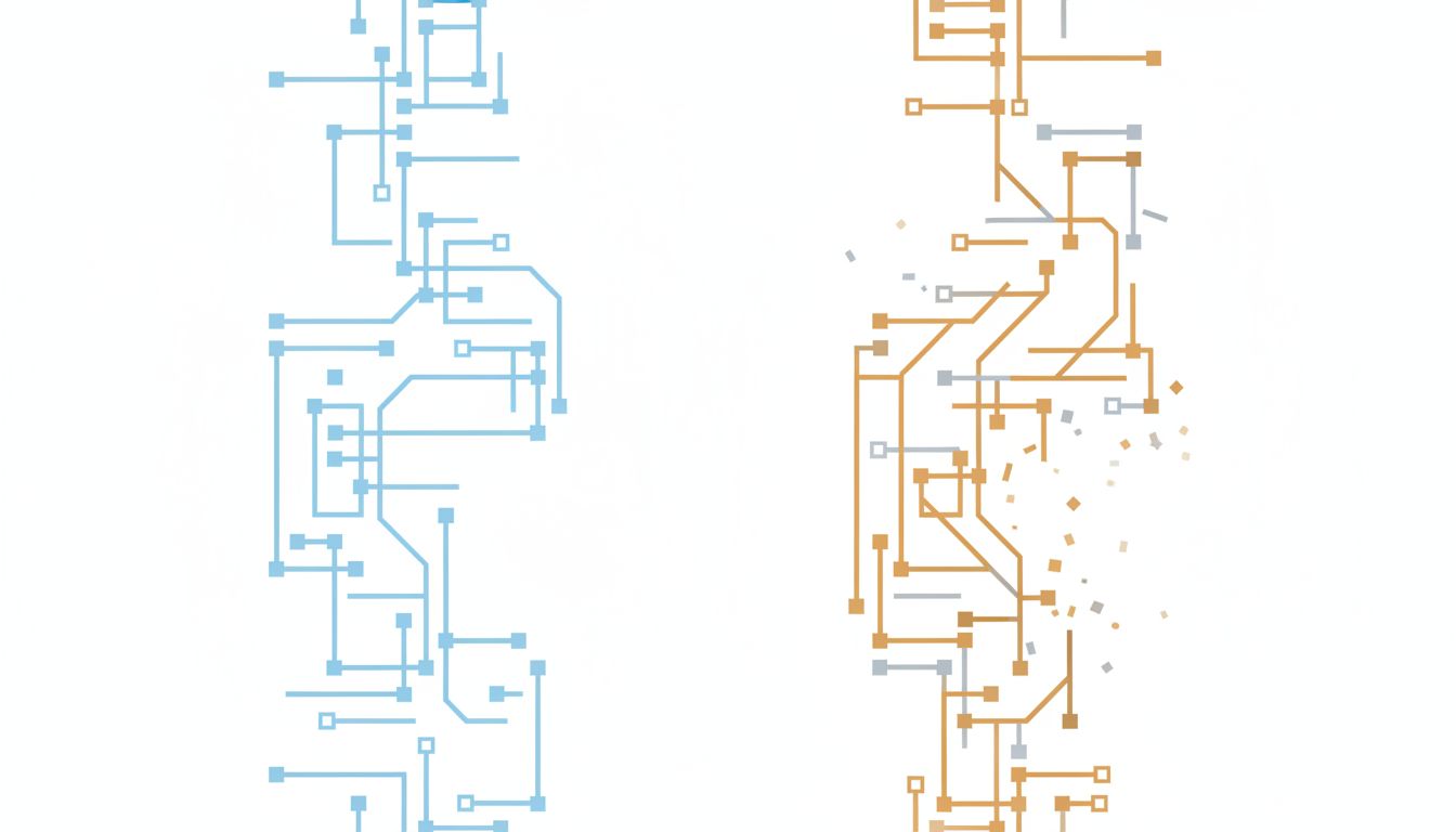 Abstract illustration showing source code being transformed into a different structure by a compiler