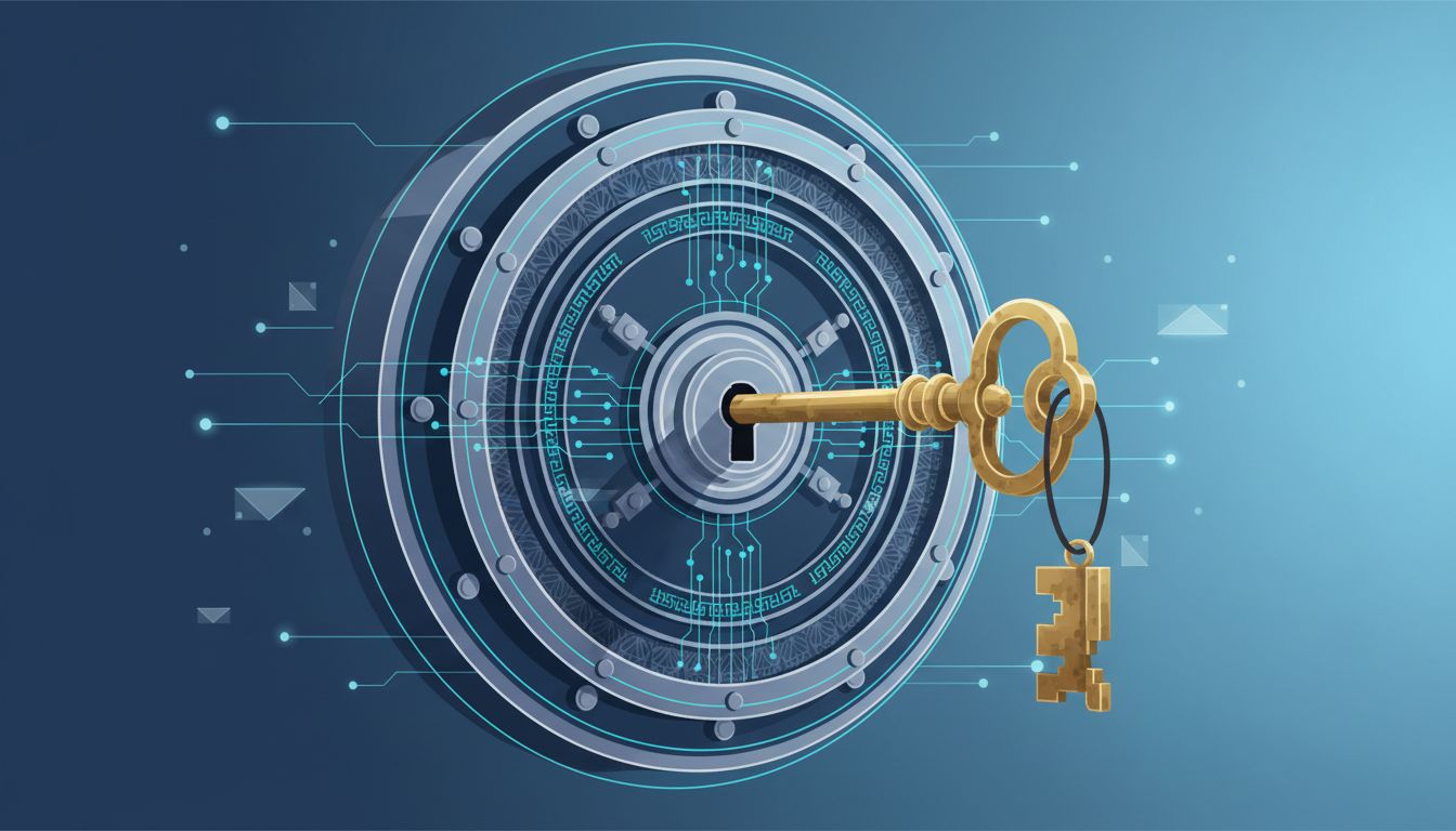 An ornate vault door with a key left carelessly in the lock, illustrating the gap between encryption strength and key management