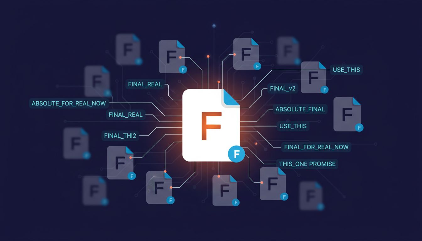 Illustration of a file multiplying into chaotic version-suffixed copies
