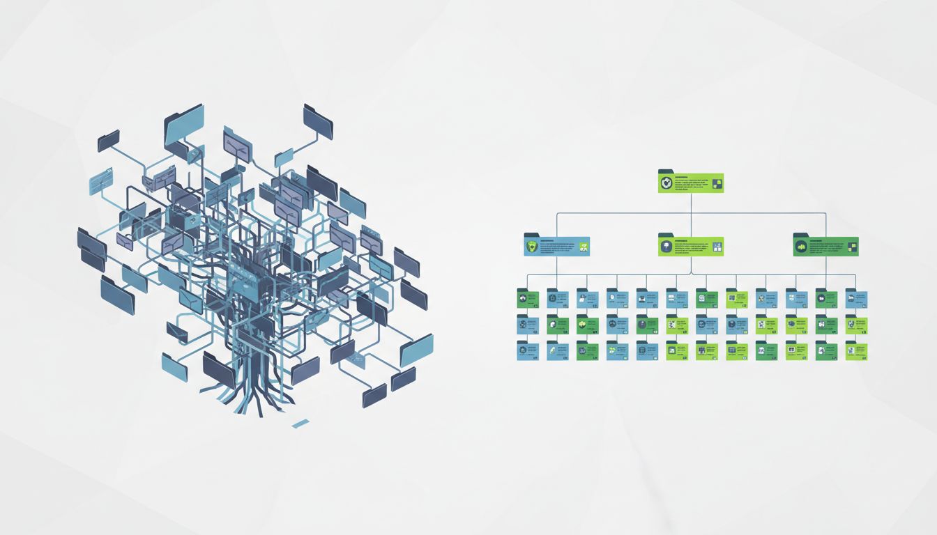 Diagram comparing a deep nested folder hierarchy to a shallow well-labeled filing structure