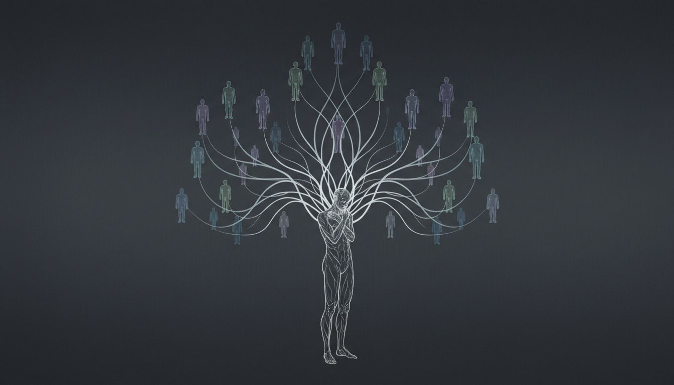 Abstract illustration showing a single figure branching into many, representing cultural replication in early team building