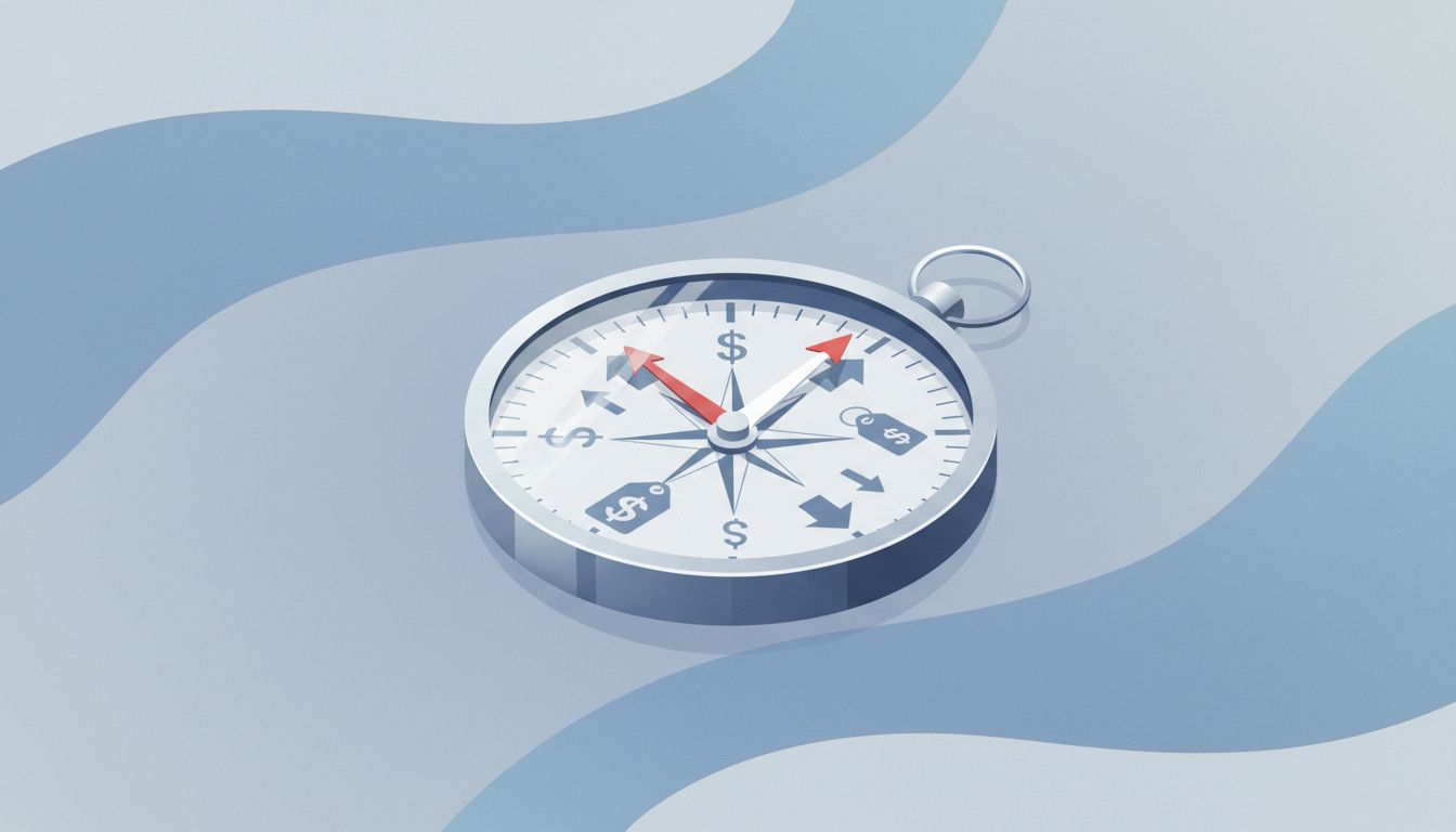 A compass with its needle pointing in several wrong directions simultaneously, symbolizing the confusion of early startup pricing