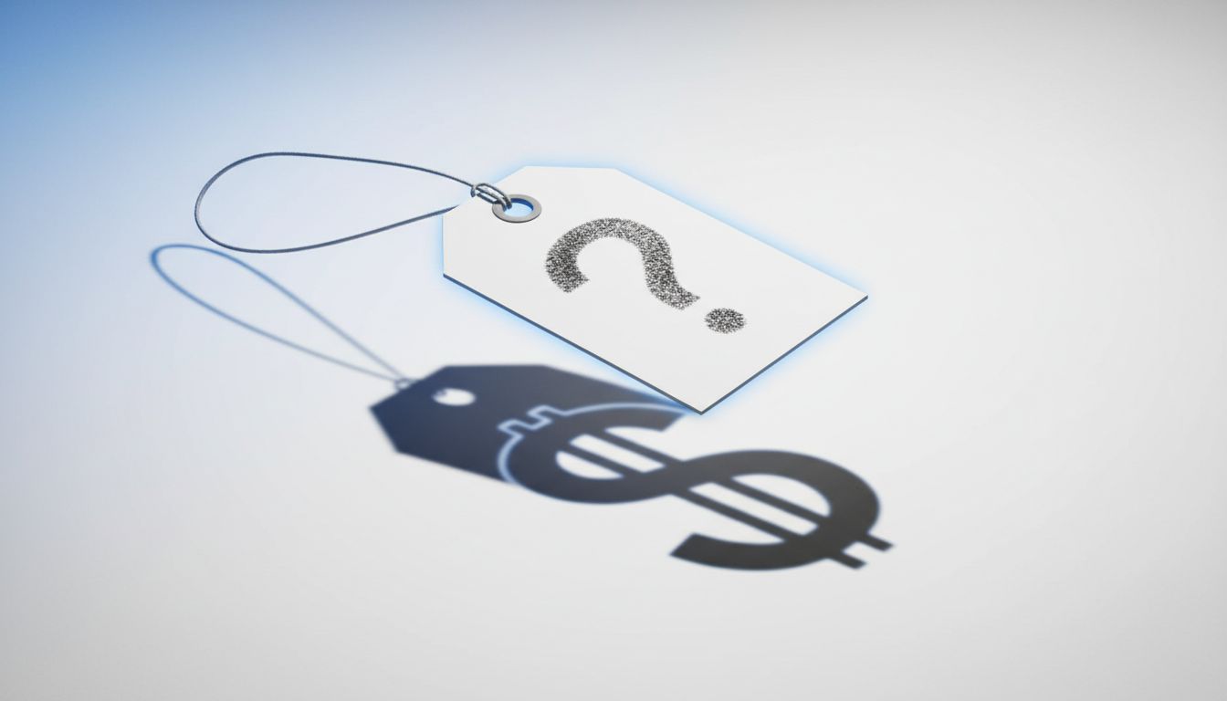 A blank price tag with a question mark, representing the uncertainty of first-product pricing decisions