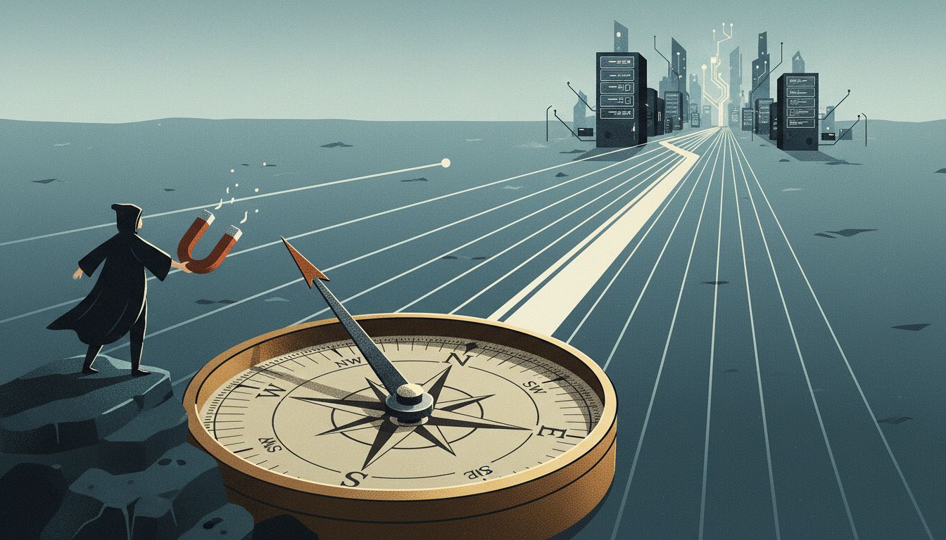 A compass needle being pulled off course by a small magnet, symbolizing how early customers distort product direction