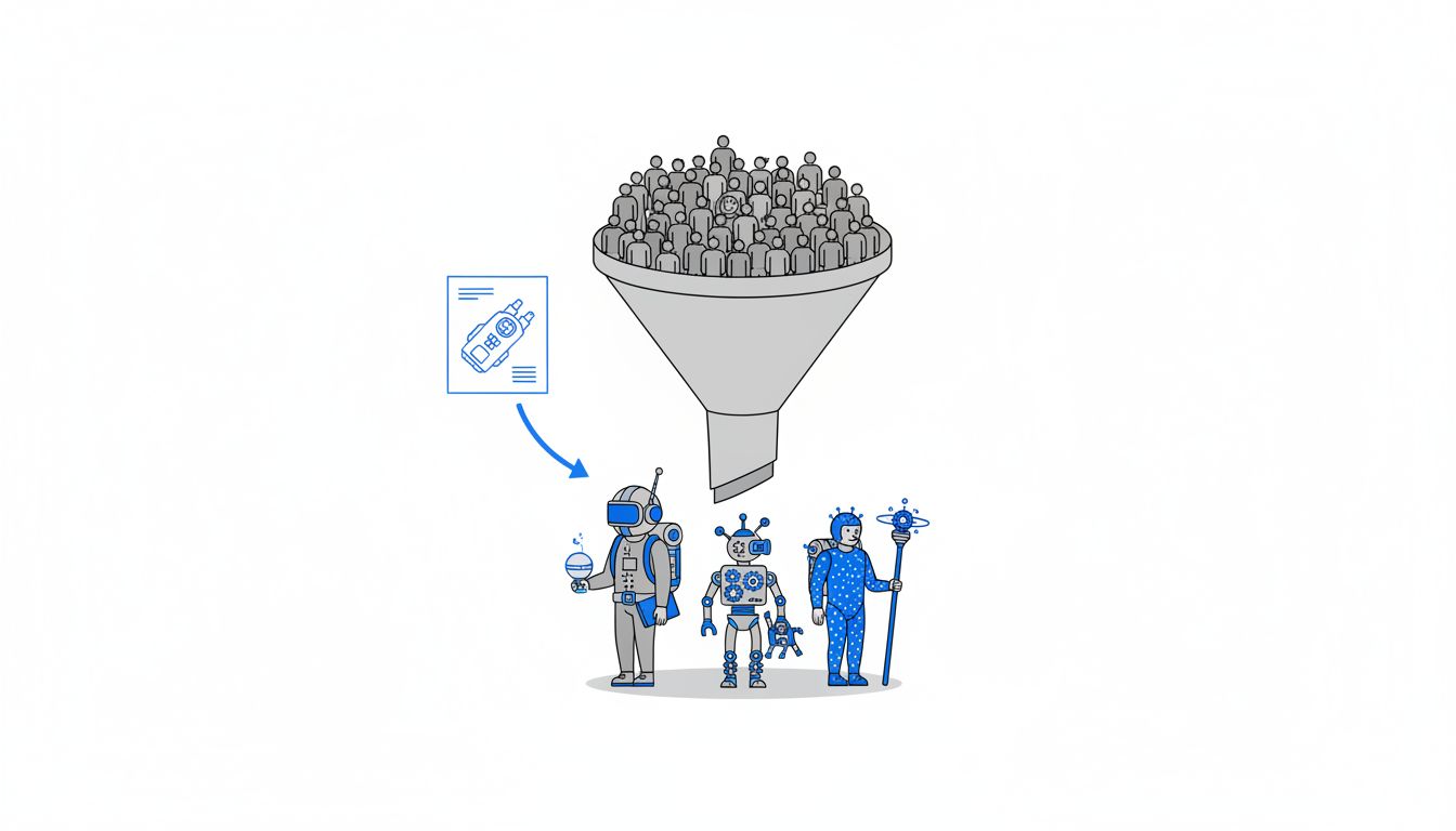 Funnel diagram showing how only unusual early adopters pass through to shape product decisions, while the broader market is excluded