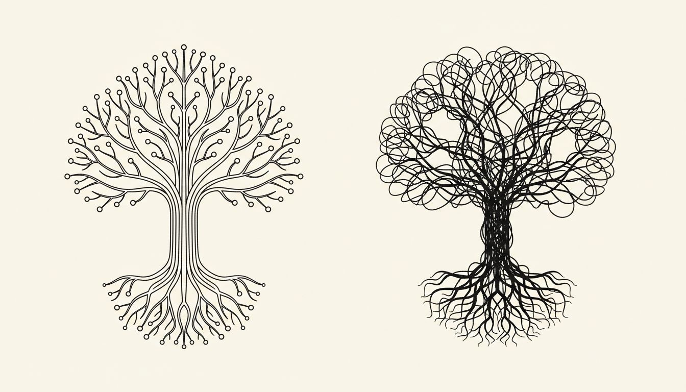 Two tree diagrams showing how different root structures produce visibly different growth patterns, illustrating how early team composition shapes later organizational structure
