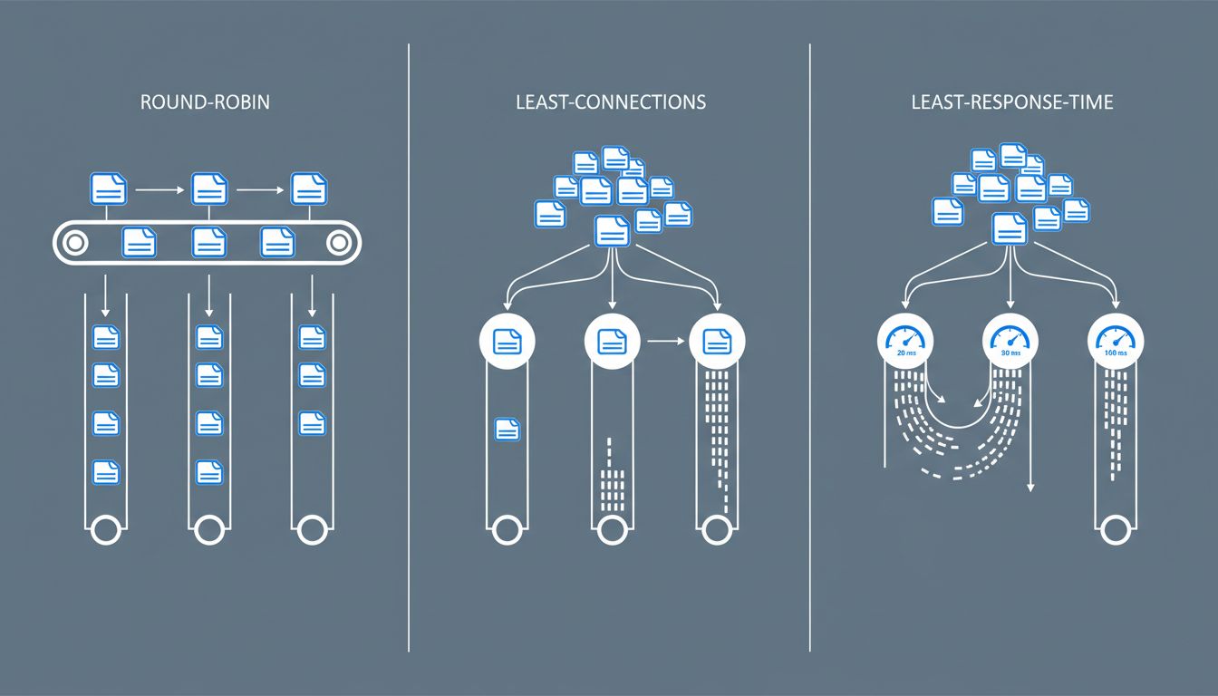 Side-by-side diagram comparing round-robin, least-connections, and least-response-time load balancing strategies