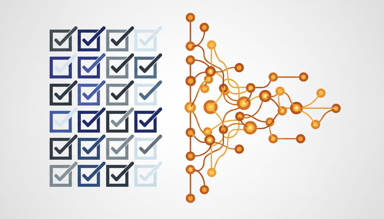 Abstract illustration contrasting a structured checklist with an organic network of connected ideas