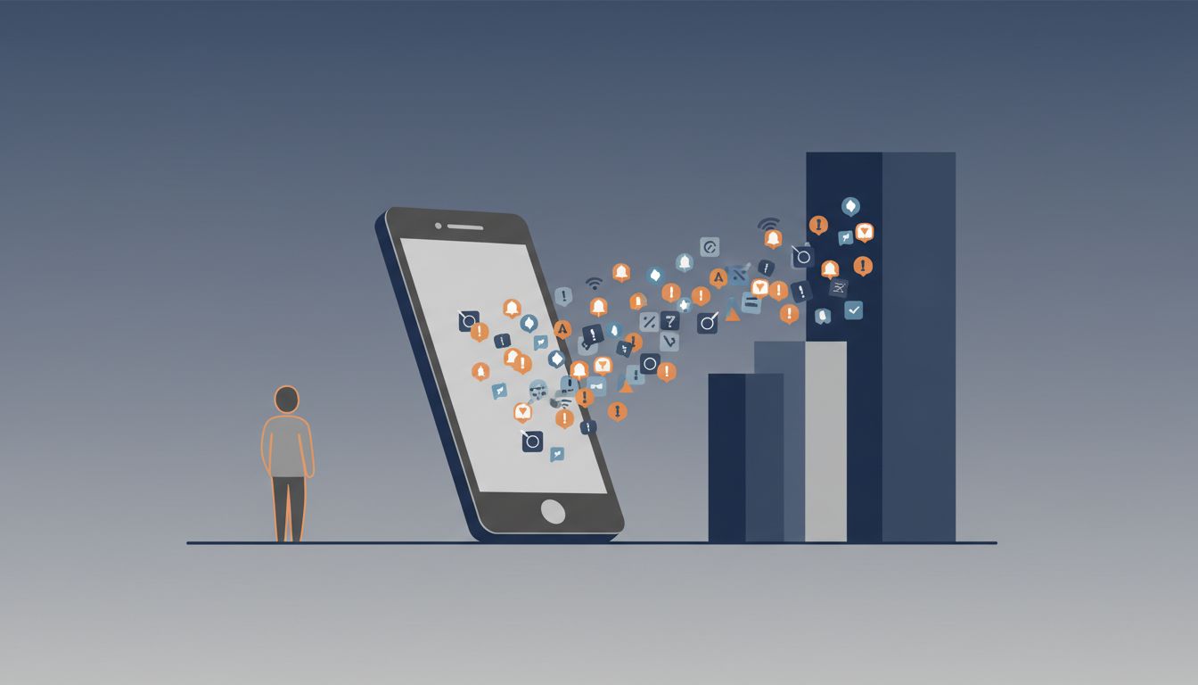 Illustration of notifications flowing away from a person toward an abstract corporate structure