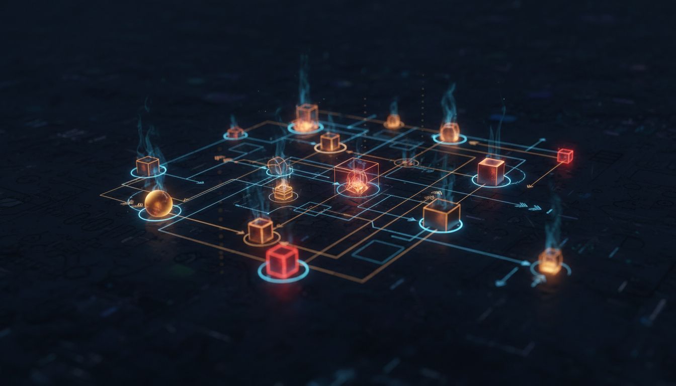 Abstract dependency graph showing interconnected blocked tasks glowing amber