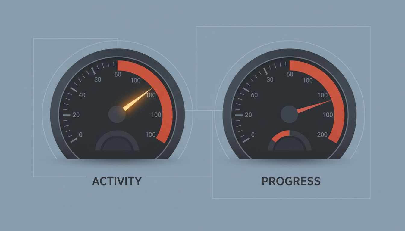Two gauges showing high activity but low progress, illustrating the gap between busyness and meaningful work