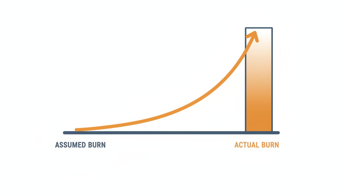 Graph showing the gap between assumed flat burn rate and actual rising burn curve, consuming runway faster than founders expect