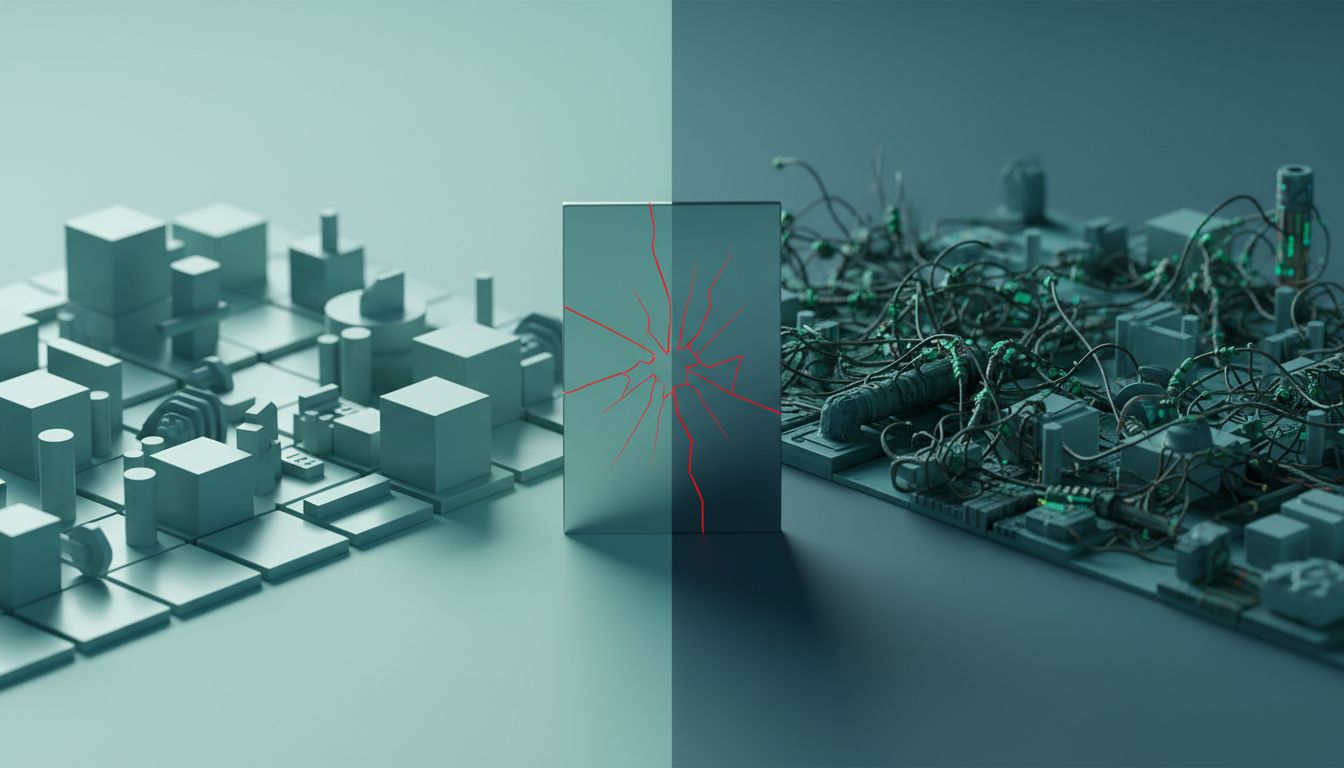 Illustration contrasting an idealized staging environment with a complex, real production environment separated by a cracked mirror