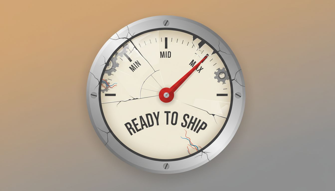 An analog confidence meter pointing near maximum but structurally compromised, suggesting false reassurance