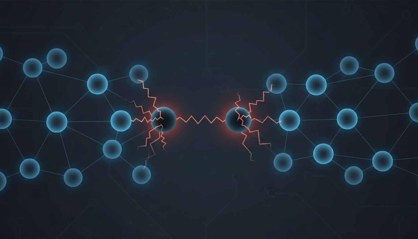 Abstract diagram of a distributed node network with cascading failure spreading from two simultaneous fault points