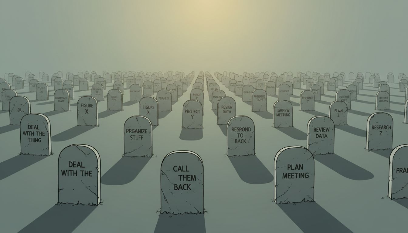 A task list rendered as a graveyard of unresolved items, each vague task shown as a gravestone