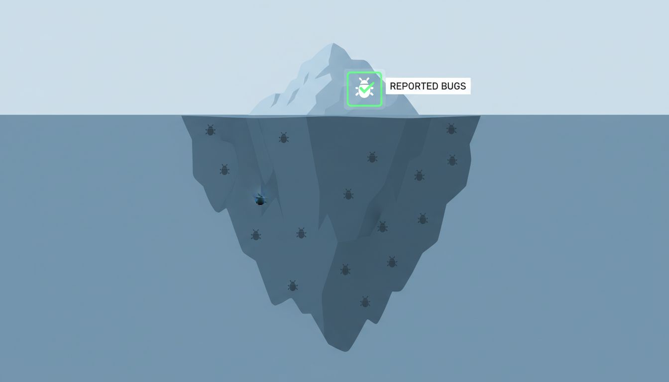 Iceberg diagram showing reported bugs as a tiny fraction above water, with a vast number of unreported bugs below the surface