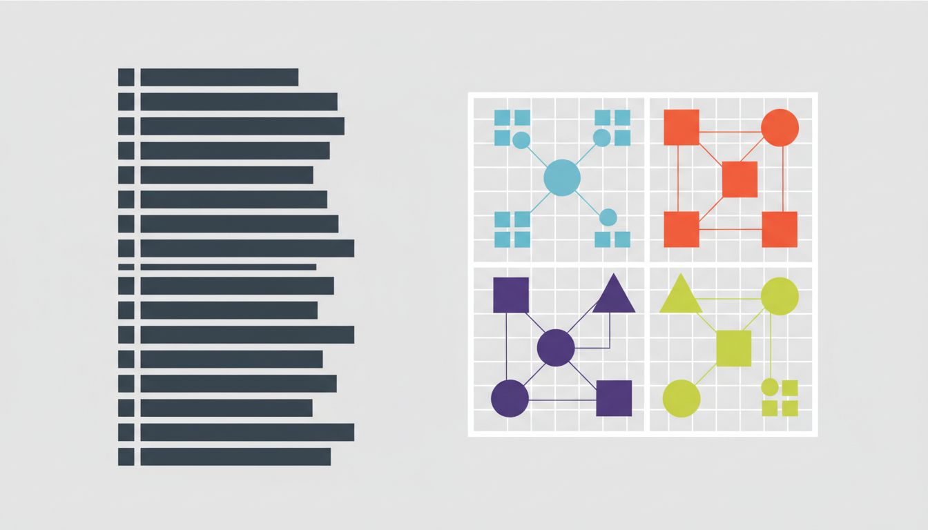 A flat task list contrasted with a two-axis priority matrix showing items distributed by importance and urgency