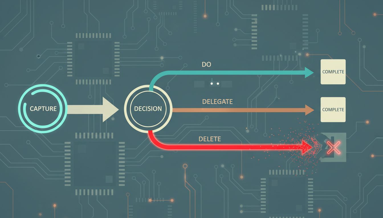 Flowchart showing three possible outcomes for a captured task: do it, delegate it, or delete it