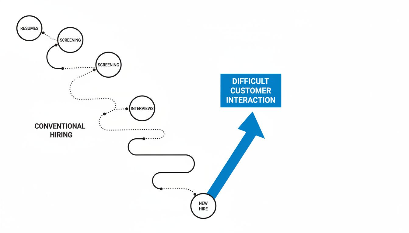 Diagram comparing conventional hiring pipeline to hiring from demanding early customers