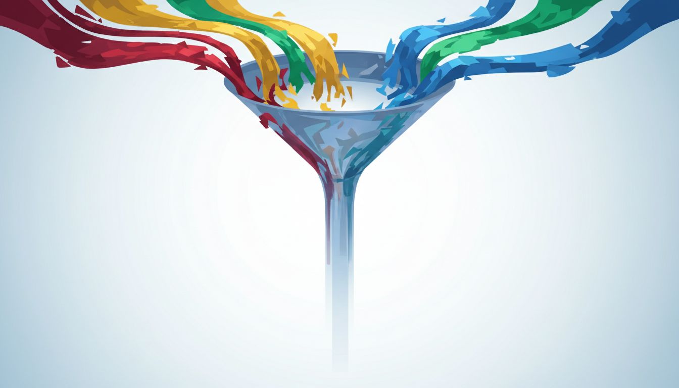 Abstract funnel showing diverse inputs collapsing into a single narrow, uniform output stream