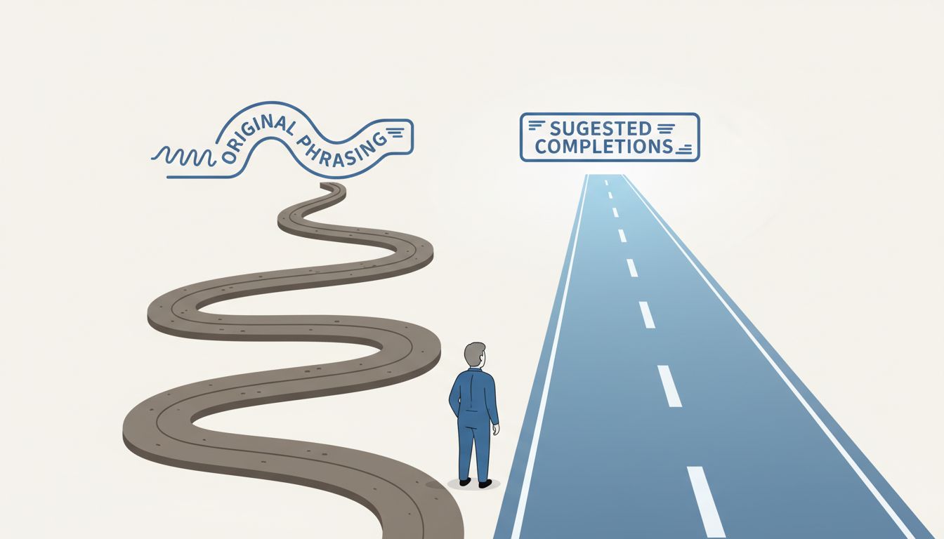 Diagram showing the cognitive path of least resistance when accepting autocomplete suggestions versus composing original phrasing