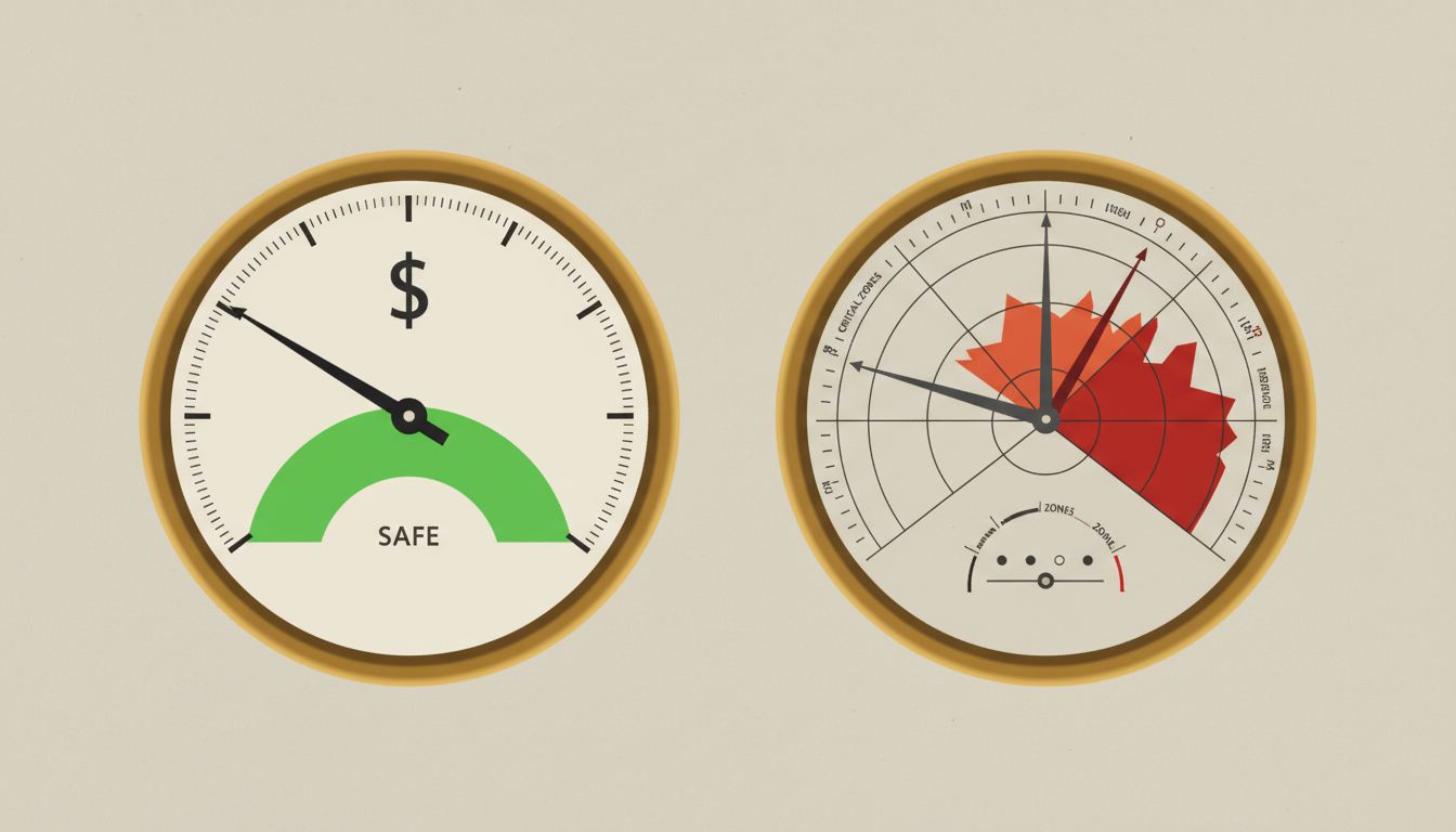 Two gauges side by side, one simple and in the green zone, one complex with needles in the red