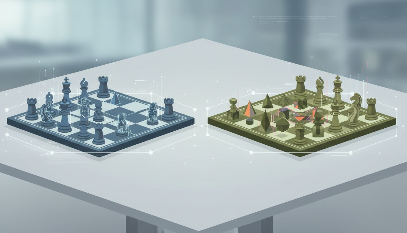 Two chess boards side by side with differently arranged pieces, representing competing strategies that operate under different rules