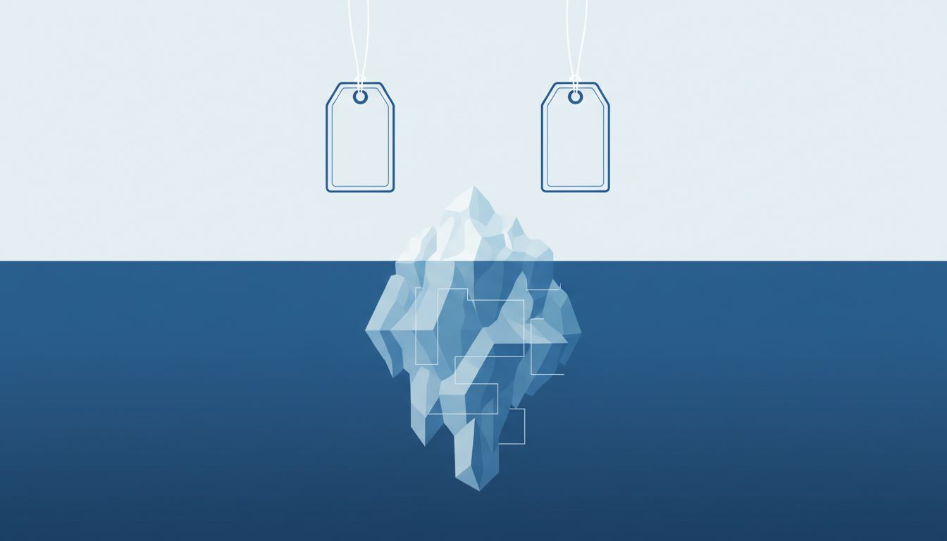 Two price tags above and below a waterline, one connected to a large submerged iceberg representing hidden strategic complexity