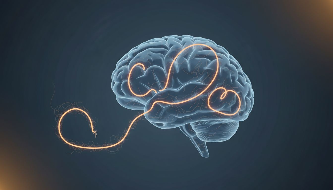 Abstract illustration of a brain with a partially unraveled thread representing attention residue after a notification